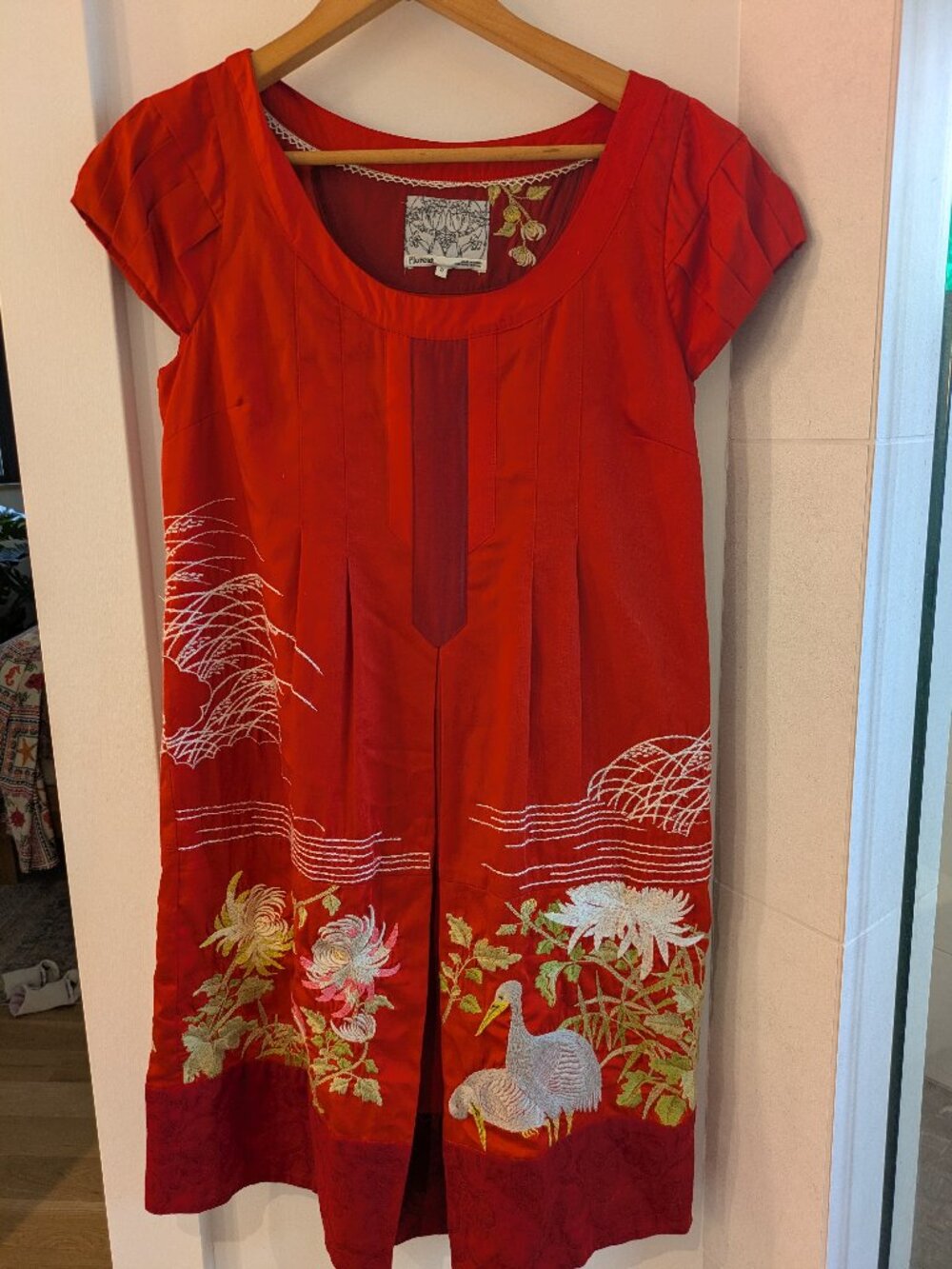 Anthropologie Floreat Fire's Path Red Embroidered Crane Dress Floral Cotton Silk